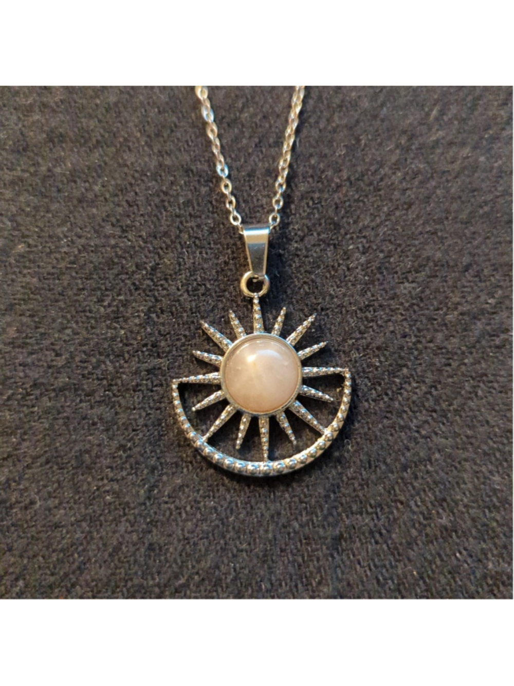 Silver Tone Pastel Pink Rose Quartz Gemstone Sun and Moon Pendant Necklace